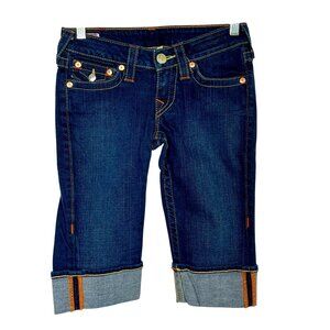 NWOT True Religion Cuffed Denim Bermuda Shorts Dark Wash Low Rise Womens Size 24